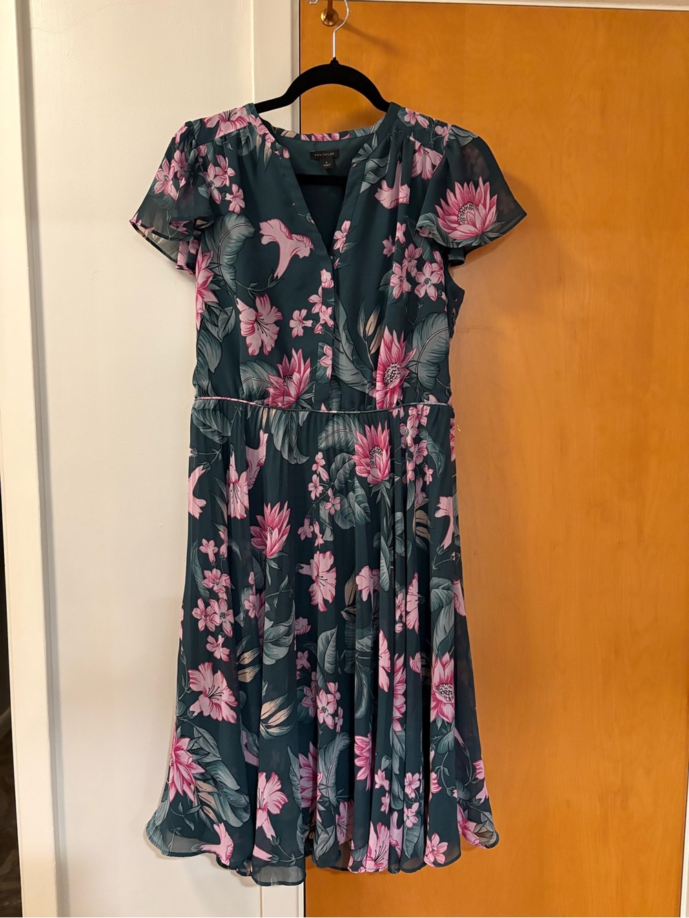 Ann Taylor Teal Floral Midi Dress with Pink Blooms